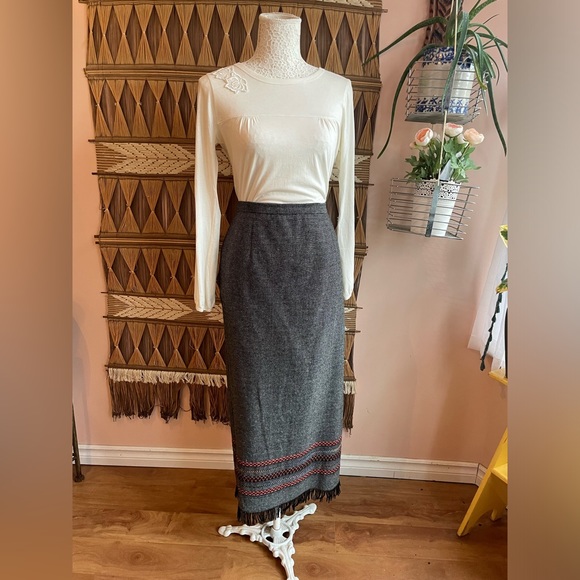 Vintage Black & Grey Wool Blend Embroidered Maxi Skirt With Fringe - Picture 2 of 11